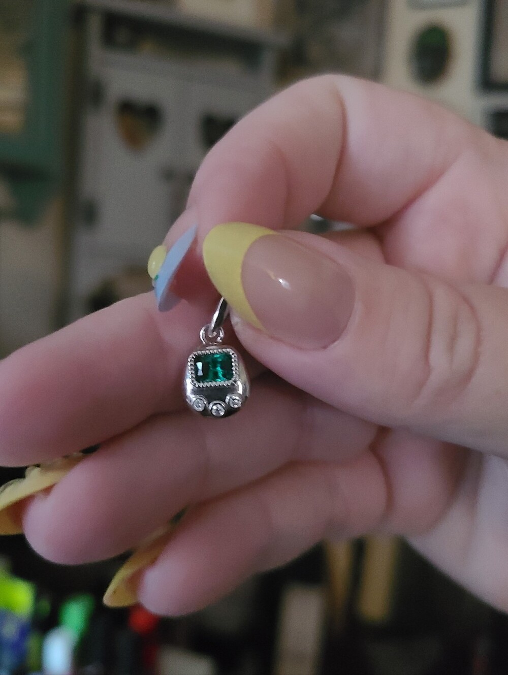 Sterling Silver Lab Emerald Gemstone Tamagotchi Charm - Picture 2 of 7